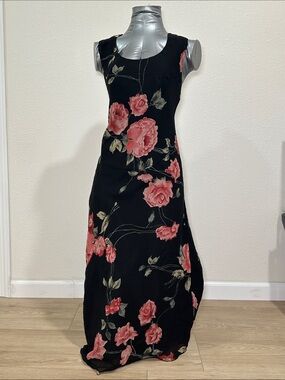 Mileage Vintage Floral Maxi Dress Black With Pink Roses Sleeveless L